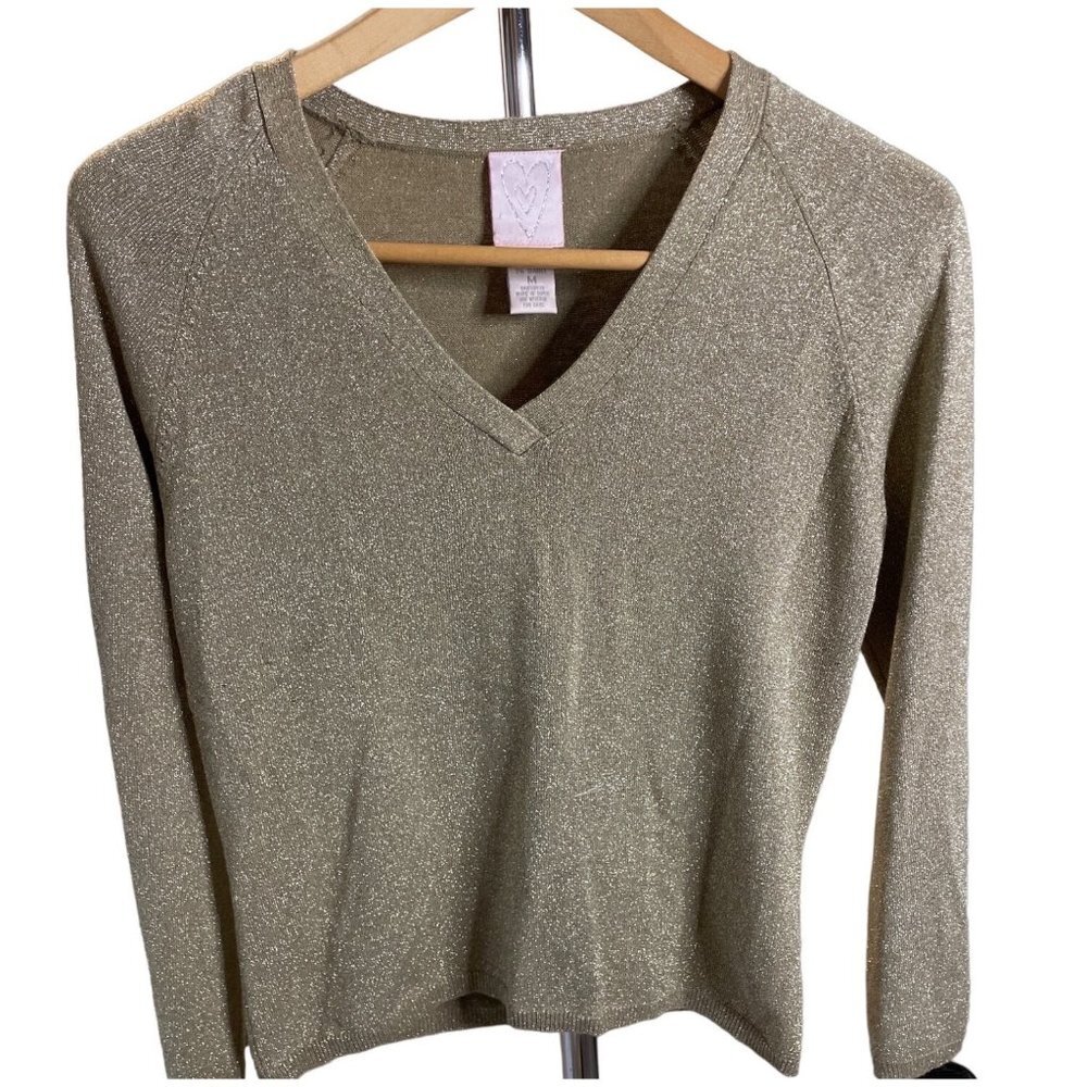 Gold Metallic Long Sleeve Pullover V Neck Sweater Sz M